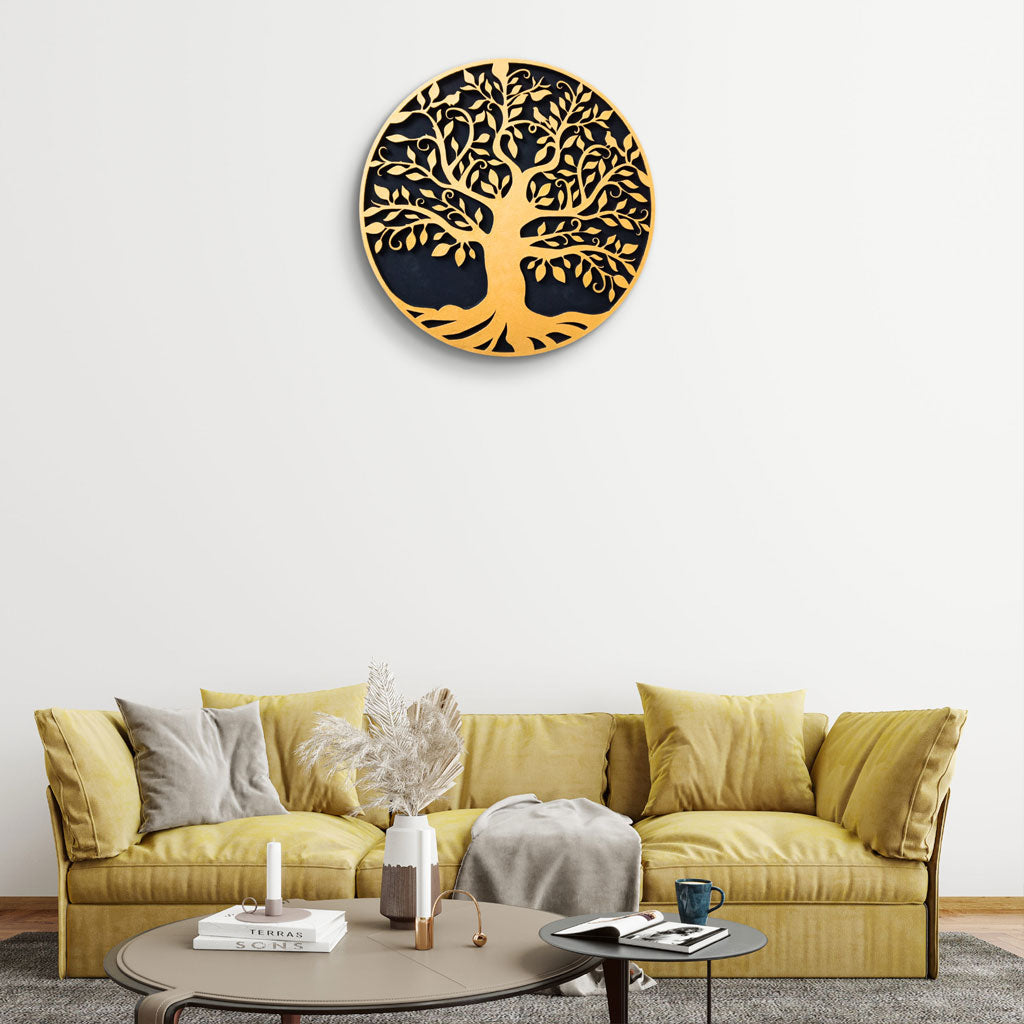 Tree of Life Wall Art Golden Tree wall hanging Circle 12 " (30 cm) for Home Office Hotels, Elegant decor for any interior