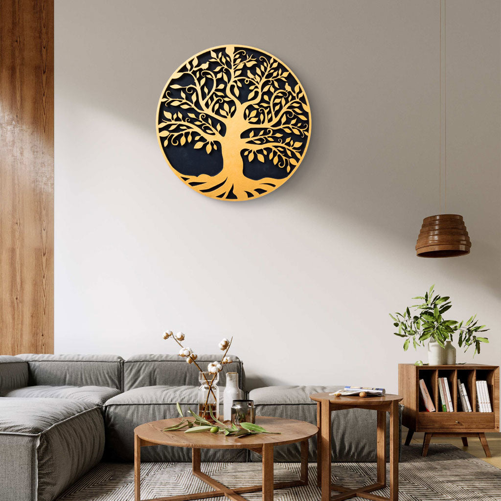 Tree of Life Wall Art Golden Tree wall hanging Circle 12 " (30 cm) for Home Office Hotels, Elegant decor for any interior
