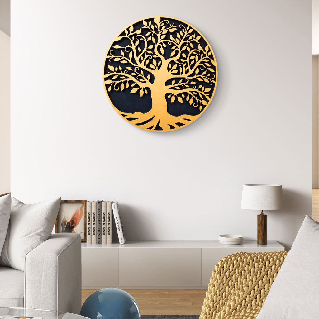 Tree of Life Wall Art Golden Tree wall hanging Circle 12 " (30 cm) for Home Office Hotels, Elegant decor for any interior