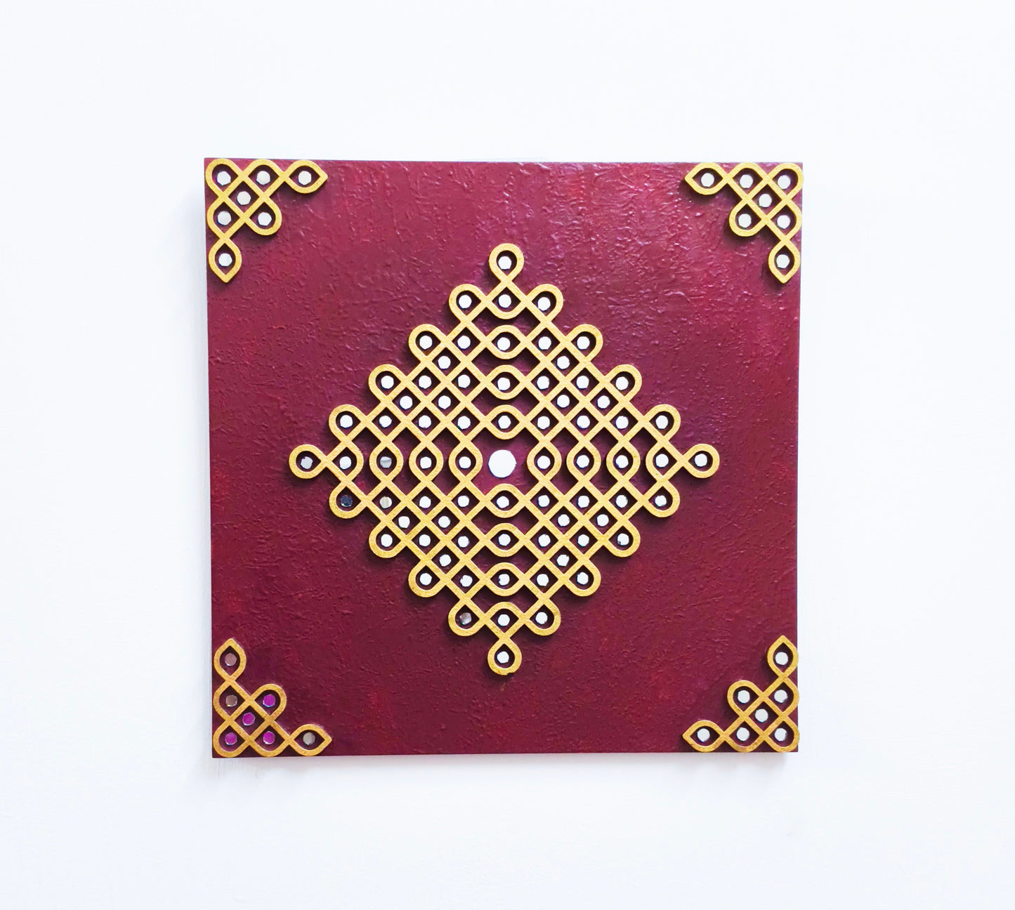 Kolam Wall Decor South Indian Art Traditional muggu wall hanging for living room 12 inch Square Maroon
