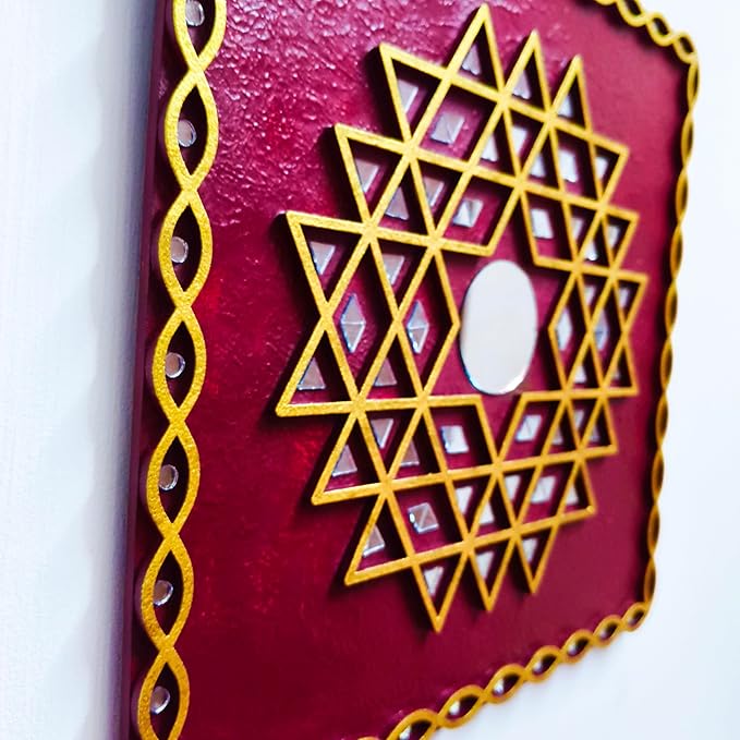 Aishwarya Lakshmi Kolam Wall Hanging for Pooja Home Temple, Ishwarya Lakshmi Kolam, Wooden Aishwarya Lakshmi Kolam Yantra (12 inch Square Maroon)