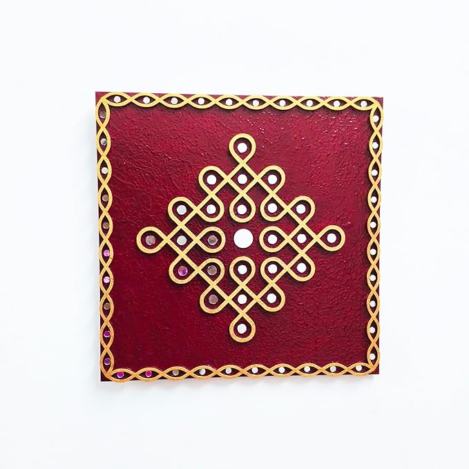 Traditional Kambi kolam design Wall Hanging Art with mirror work (12" Square Maroon)
