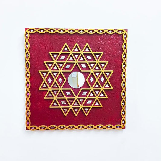 Aishwarya Lakshmi Kolam Wall Hanging for Pooja Home Temple, Ishwarya Lakshmi Kolam, Wooden Aishwarya Lakshmi Kolam Yantra (12 inch Square Maroon)