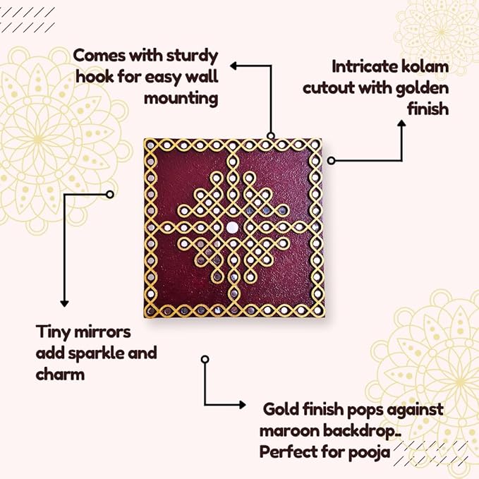 Traditional Indian Wall Decor, kolam design with mirror work, Muggu wall art for living room (12 inch Square Maroon)