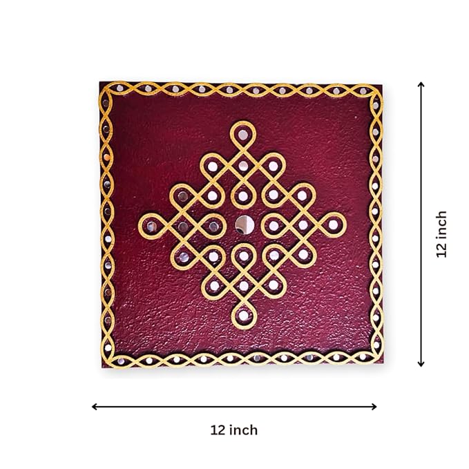 Traditional Kambi kolam design Wall Hanging Art with mirror work (12" Square Maroon)