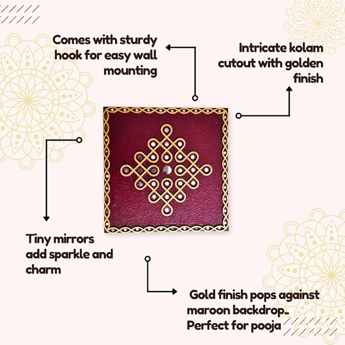 Traditional Kambi kolam design Wall Hanging Art with mirror work (12" Square Maroon)