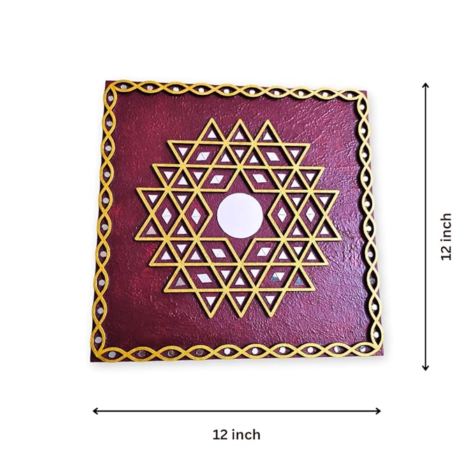 Aishwarya Lakshmi Kolam Wall Hanging for Pooja Home Temple, Ishwarya Lakshmi Kolam, Wooden Aishwarya Lakshmi Kolam Yantra (12 inch Square Maroon)