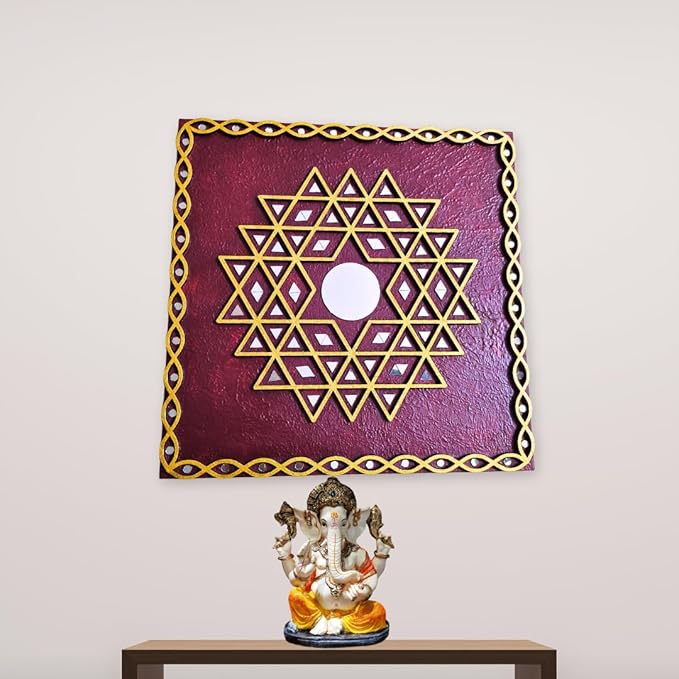 Aishwarya Lakshmi Kolam Wall Hanging for Pooja Home Temple, Ishwarya Lakshmi Kolam, Wooden Aishwarya Lakshmi Kolam Yantra (12 inch Square Maroon)