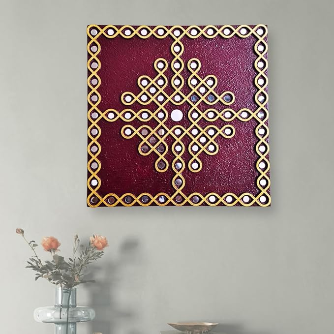 Traditional Indian Wall Decor, kolam design with mirror work, Muggu wall art for living room (12 inch Square Maroon)