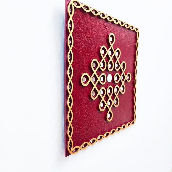 Traditional Kambi kolam design Wall Hanging Art with mirror work (12" Square Maroon)