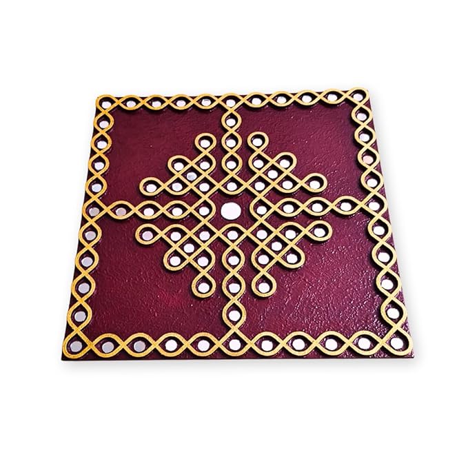 Traditional Indian Wall Decor, kolam design with mirror work, Muggu wall art for living room (12 inch Square Maroon)