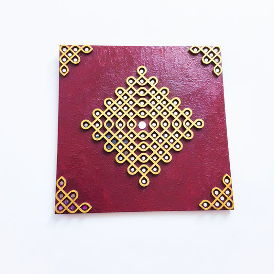Kolam Wall Decor South Indian Art Traditional muggu wall hanging for living room 12 inch Square Maroon
