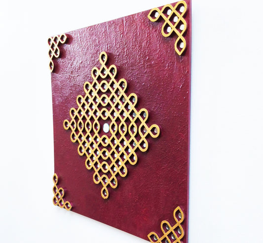 Kolam Wall Decor South Indian Art Traditional muggu wall hanging for living room 12 inch Square Maroon