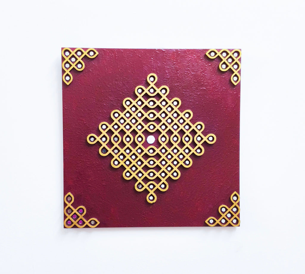 Kolam Wall Decor South Indian Art Traditional muggu wall hanging for living room 12 inch Square Maroon