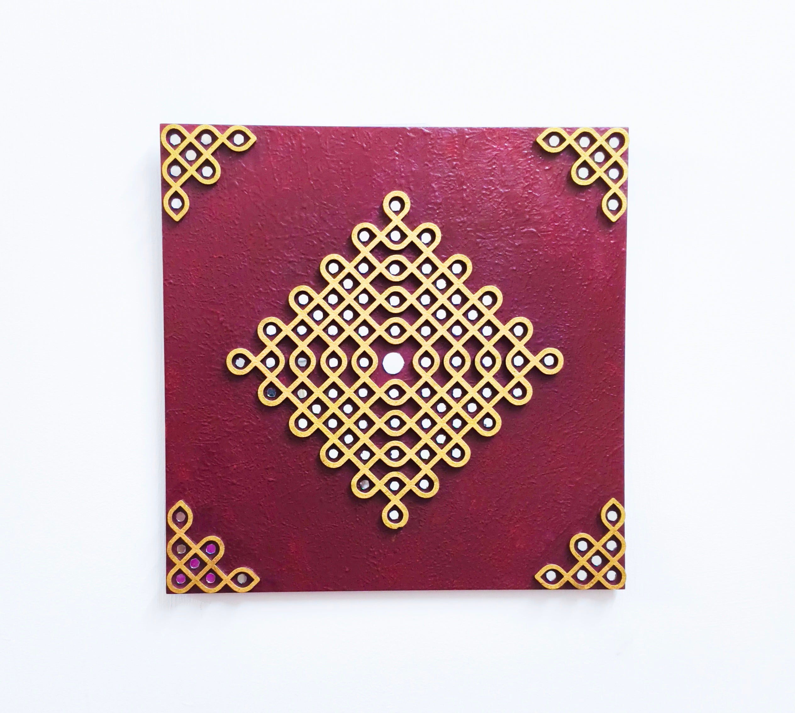 Kolam Wall Decor South Indian Art Traditional muggu wall hanging for living room 12 inch Square Maroon