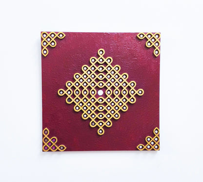 Kolam Wall Decor South Indian Art Traditional muggu wall hanging for living room 12 inch Square Maroon