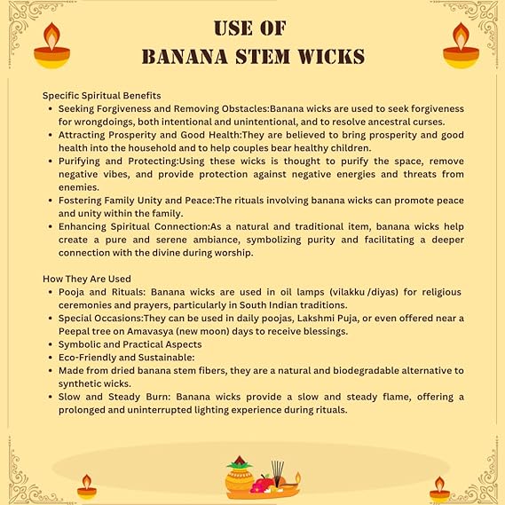 Vazhaithandu Thiri (Pack of 10) / Arati Dindu Vatthulu/Banana Stem Wicks for Pooja Deepam | Natural Handmade Thiri for Temple and Home Use