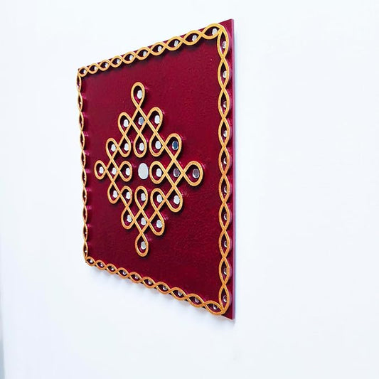 Traditional Kambi kolam design Wall Hanging Art with mirror work (12" Square Maroon)
