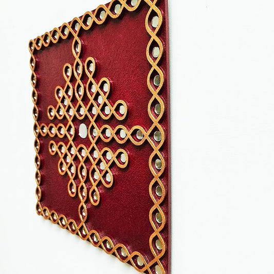 Traditional Indian Wall Decor, kolam design with mirror work, Muggu wall art for living room (12 inch Square Maroon)