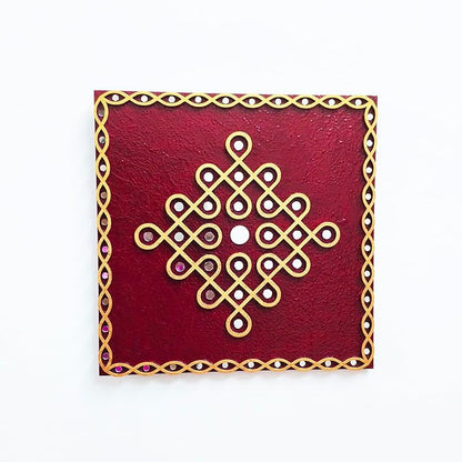 Traditional Kambi kolam design Wall Hanging Art with mirror work (12" Square Maroon)