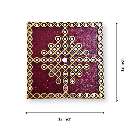 Traditional Indian Wall Decor, kolam design with mirror work, Muggu wall art for living room (12 inch Square Maroon)