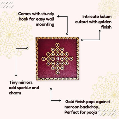 Traditional Kambi kolam design Wall Hanging Art with mirror work (12" Square Maroon)