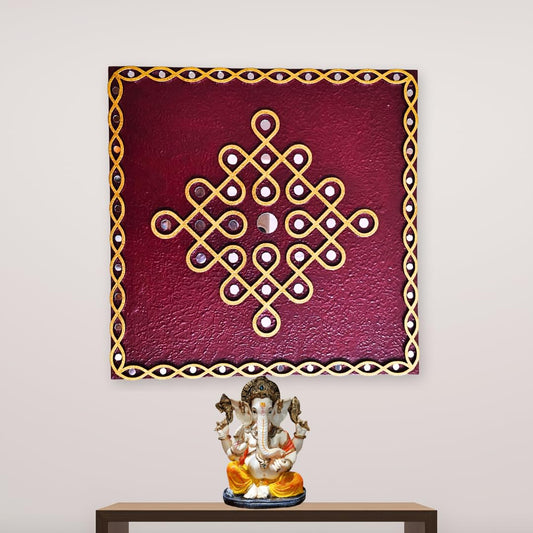 Traditional Kambi kolam design Wall Hanging Art with mirror work (12" Square Maroon)