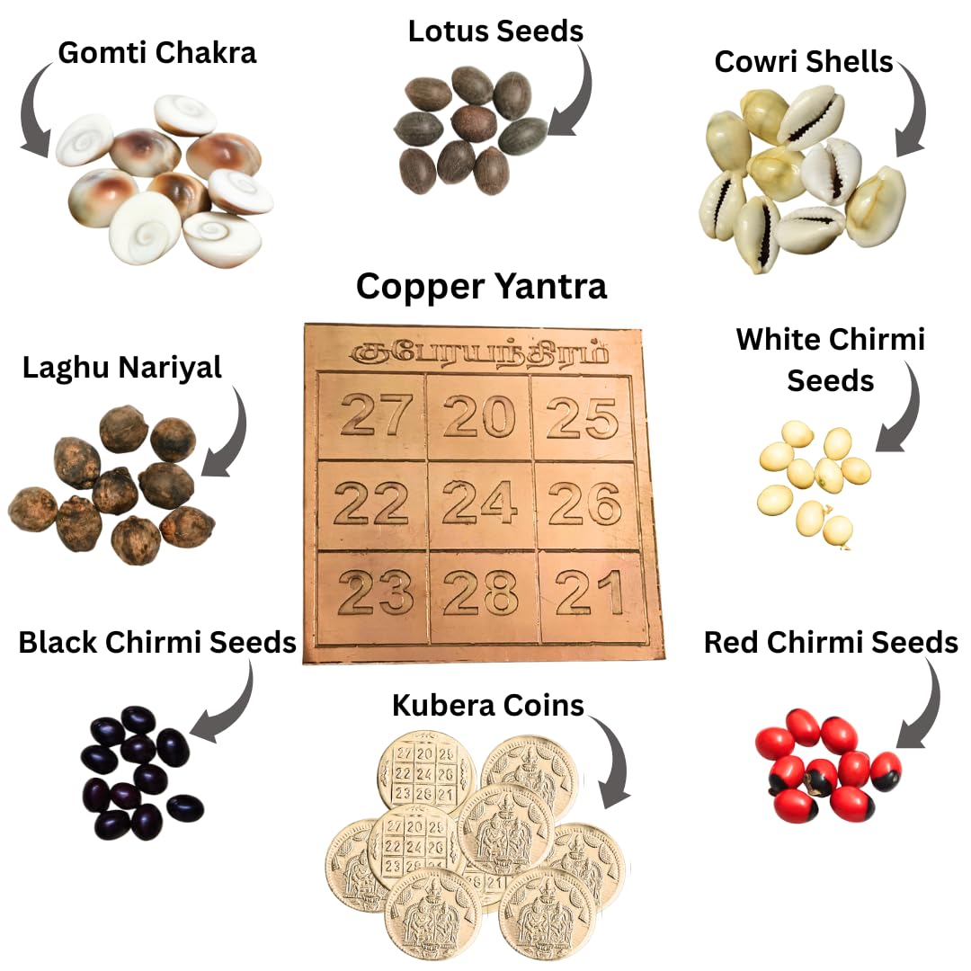 Kuber Pooja Set | Lakshmi Kubera Pooja Set | Lakshmi Ganesh Puja Kit | Kubera Yantra, Coins, Gunja/Chirmi Red White,Black,Gomti Cowrie Lotus Seeds Laghu Nariyal (9 Item 5 No Combo)