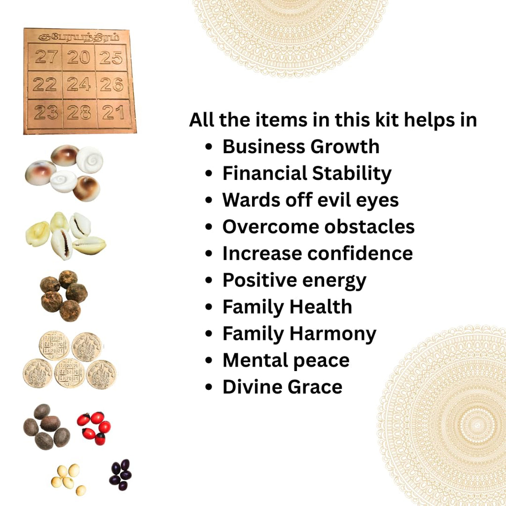 Kuber Pooja Set | Lakshmi Kubera Pooja Set | Lakshmi Ganesh Puja Kit | Kubera Yantra, Coins, Gunja/Chirmi Red White,Black,Gomti Cowrie Lotus Seeds Laghu Nariyal (9 Item 5 No Combo)