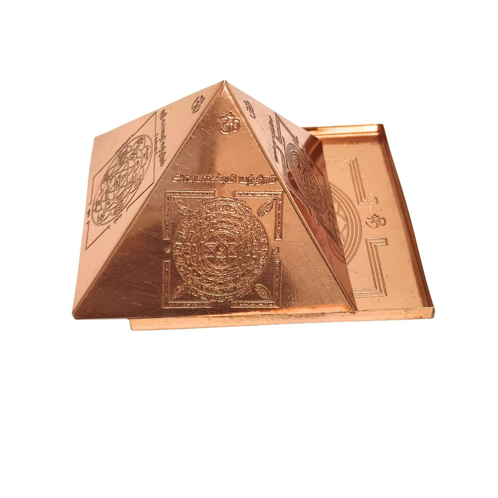 Copper Vastu Pyramid Hollow 3 Inch with vastudosha nivaran Yantras : vastu, ganpathy, ashtalakshmi, dhan akarshana, sri Chakra Yantra on Base Plate