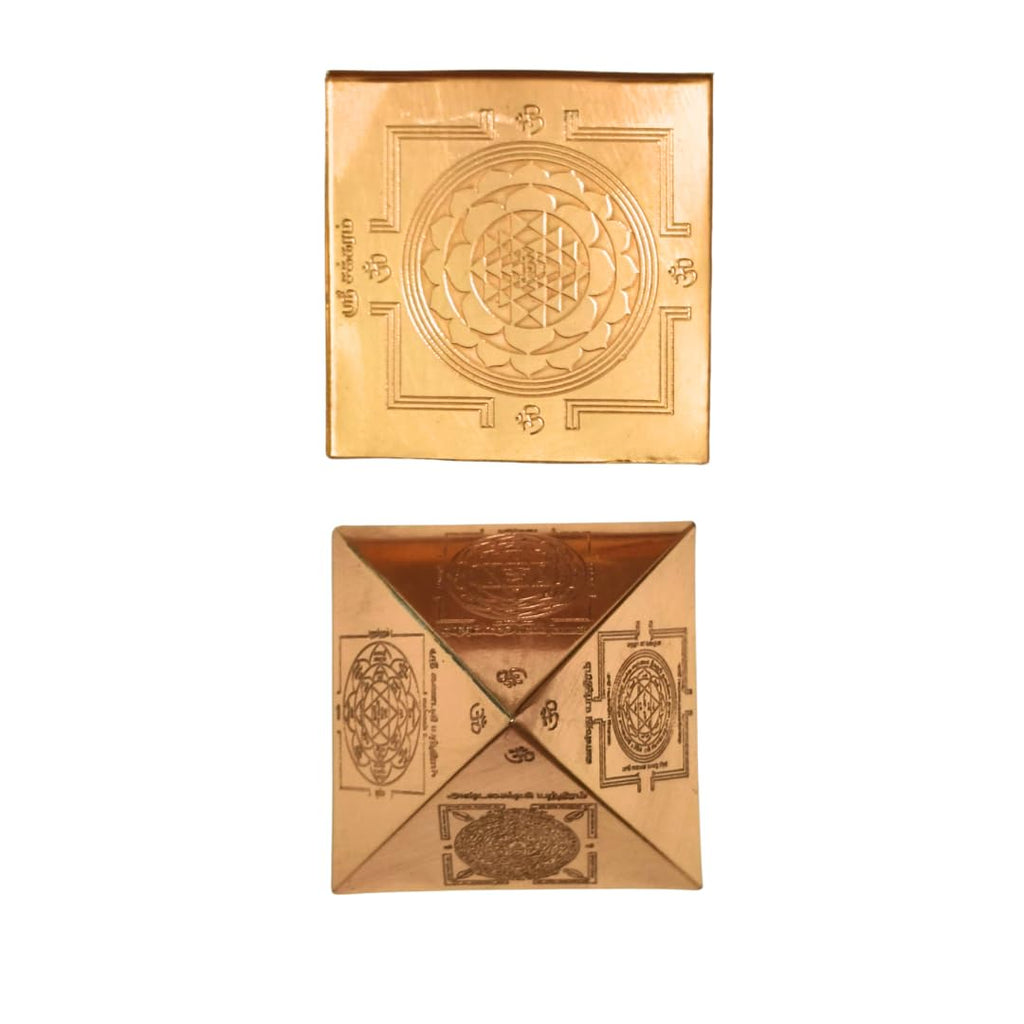 Copper Vastu Pyramid Hollow 3 Inch with vastudosha nivaran Yantras : vastu, ganpathy, ashtalakshmi, dhan akarshana, sri Chakra Yantra on Base Plate