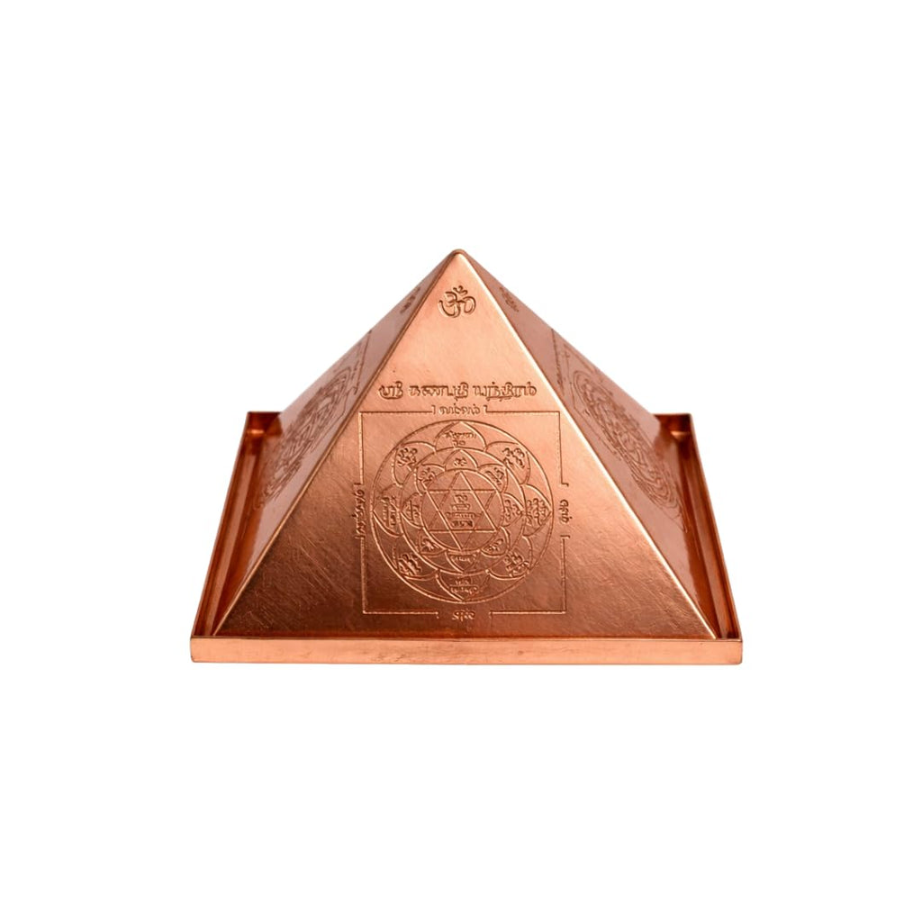 Copper Vastu Pyramid Hollow 3 Inch with vastudosha nivaran Yantras : vastu, ganpathy, ashtalakshmi, dhan akarshana, sri Chakra Yantra on Base Plate