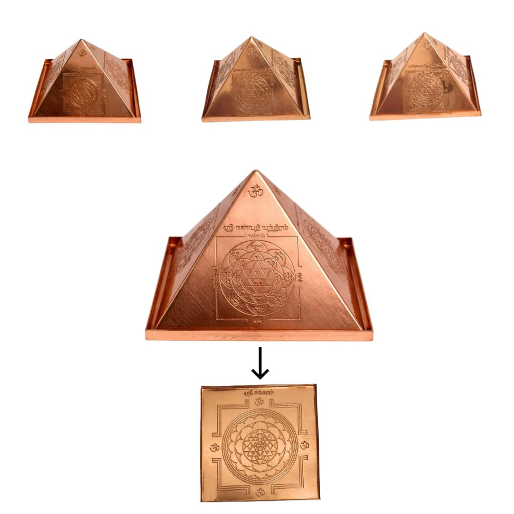 Copper Vastu Pyramid Hollow 3 Inch with vastudosha nivaran Yantras : vastu, ganpathy, ashtalakshmi, dhan akarshana, sri Chakra Yantra on Base Plate
